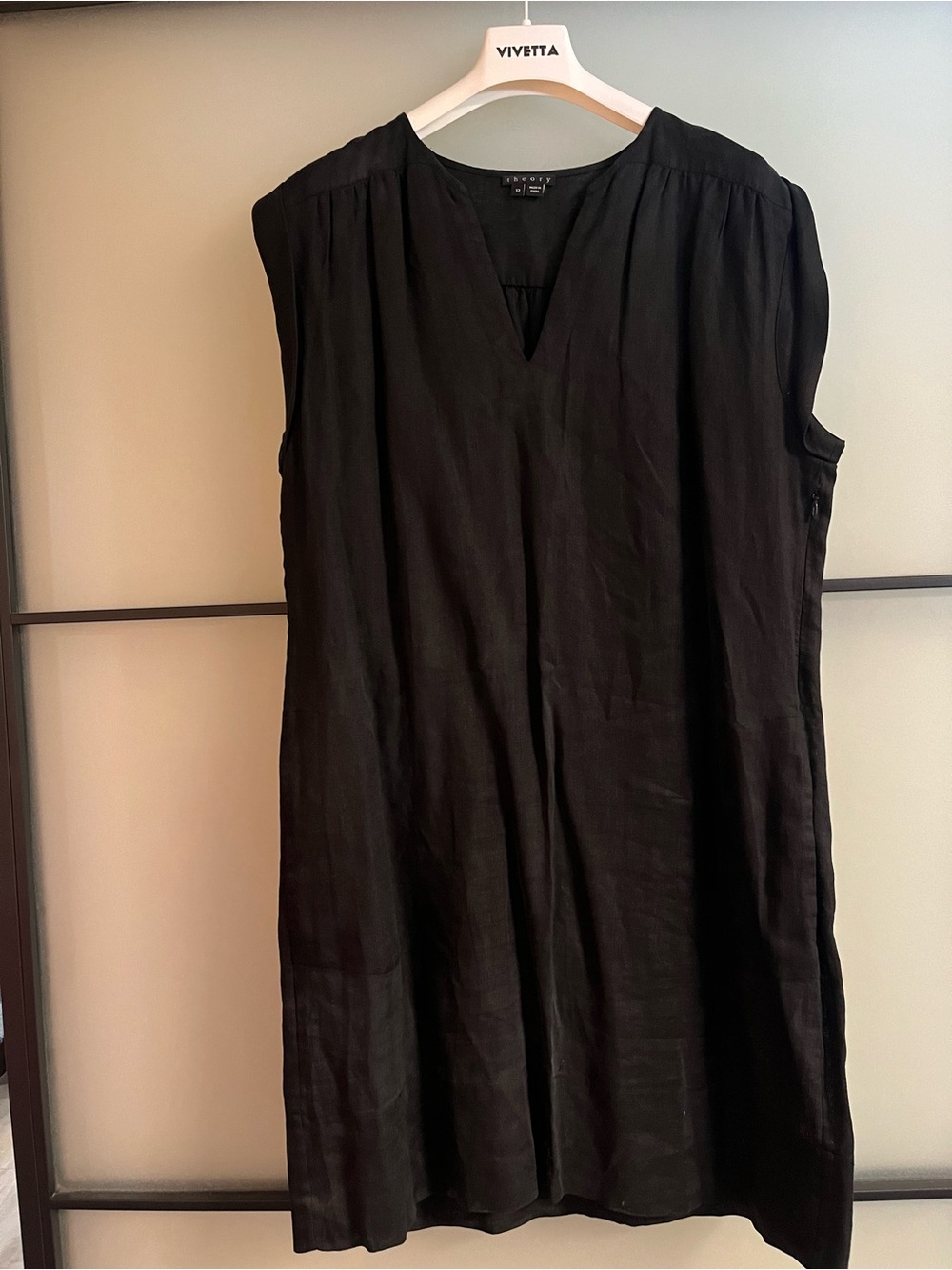 Theory Black Sleeveless V-Neck Linen Dress